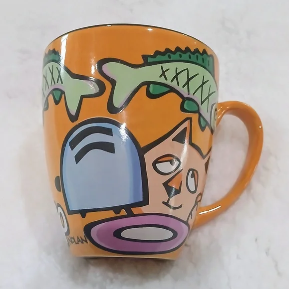 "House Kats" Collectible Coffee Mug. Whimsical design:cat,sunrise scene,fish,egg - Picture 4 of 9